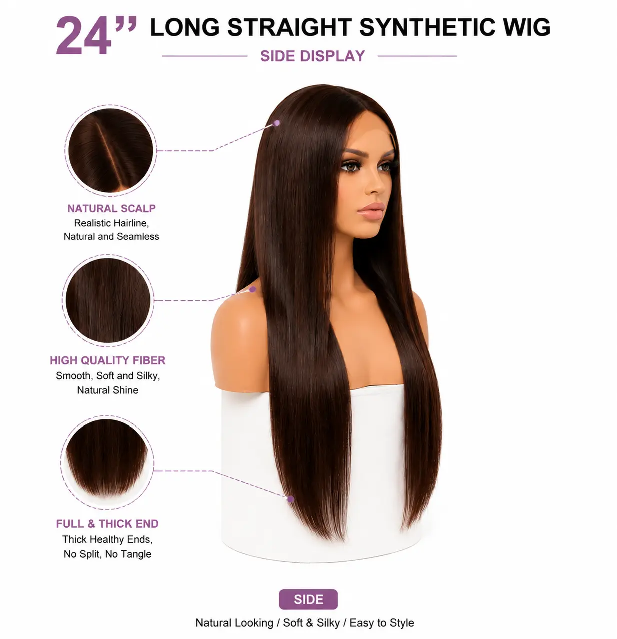 24 inch long straight natural black human hair wig side view