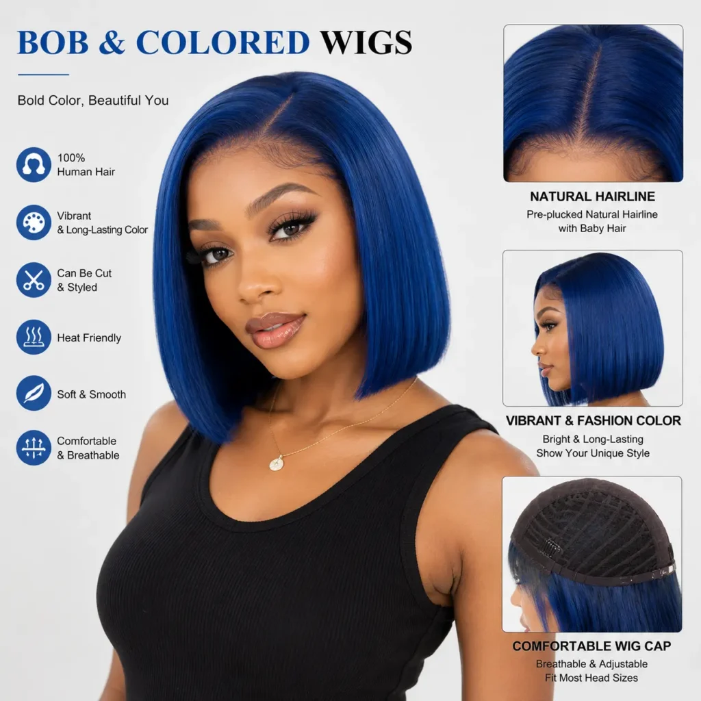 Trendy bob & colored wigs in various styles - fashion synthetic and human hair wigs for resale