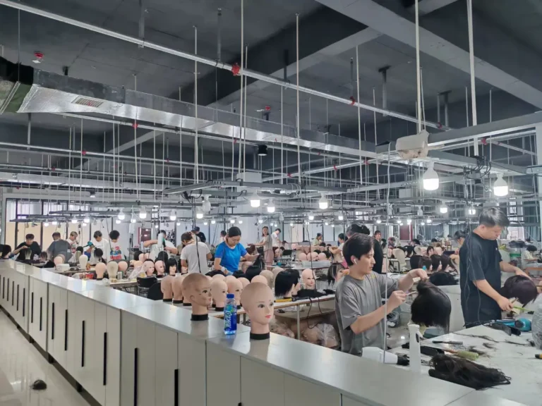 Wig Factory Gallery: production workshop, workers making human & synthetic hair wigs on assembly line 