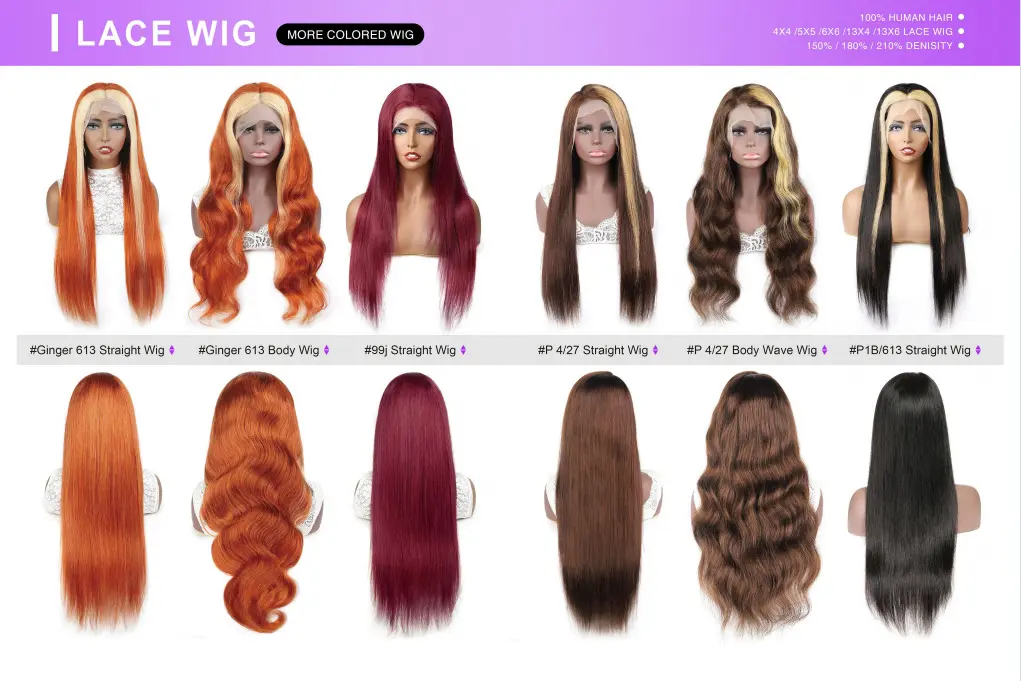 Colored lace wig styles chart, Ginger 613, #99j burgundy, P4/27 brown blonde, P1B/613 black blonde highlighted straight & body wave wigs, synthetic & human hair options