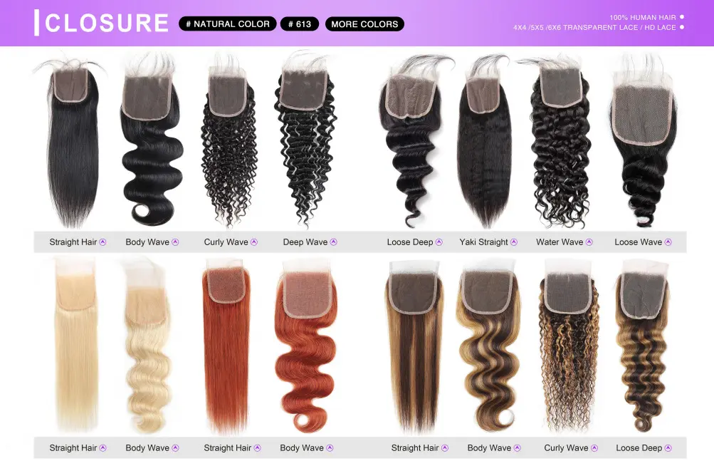  Dejun Hair factory wholesale lace closures, synthetic & human hair mix, straight, wavy, curly textures, 4x4/5x5/6x6 transparent HD lace for bulk order 