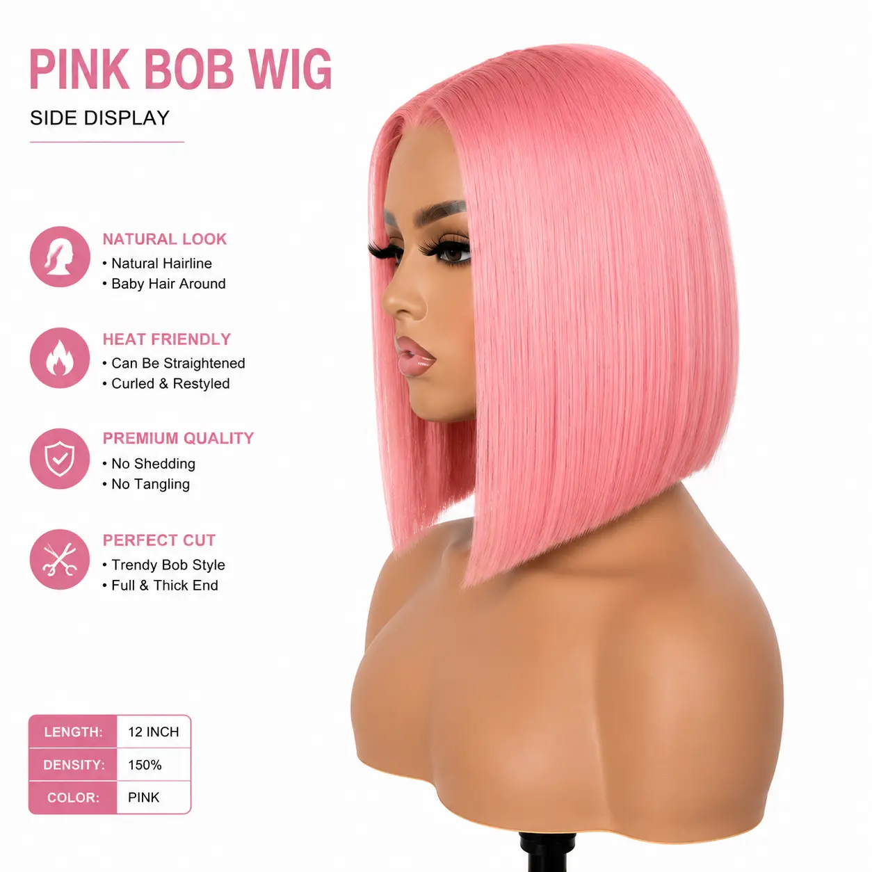 Wholesale Pink Bob Wigs Side Display - Soft Straight Pink Bob Wig