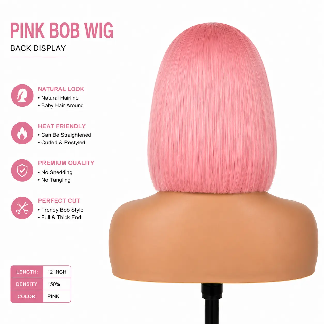 Wholesale Pink Bob Wigs Back Display - Full Density Pink Bob Wig