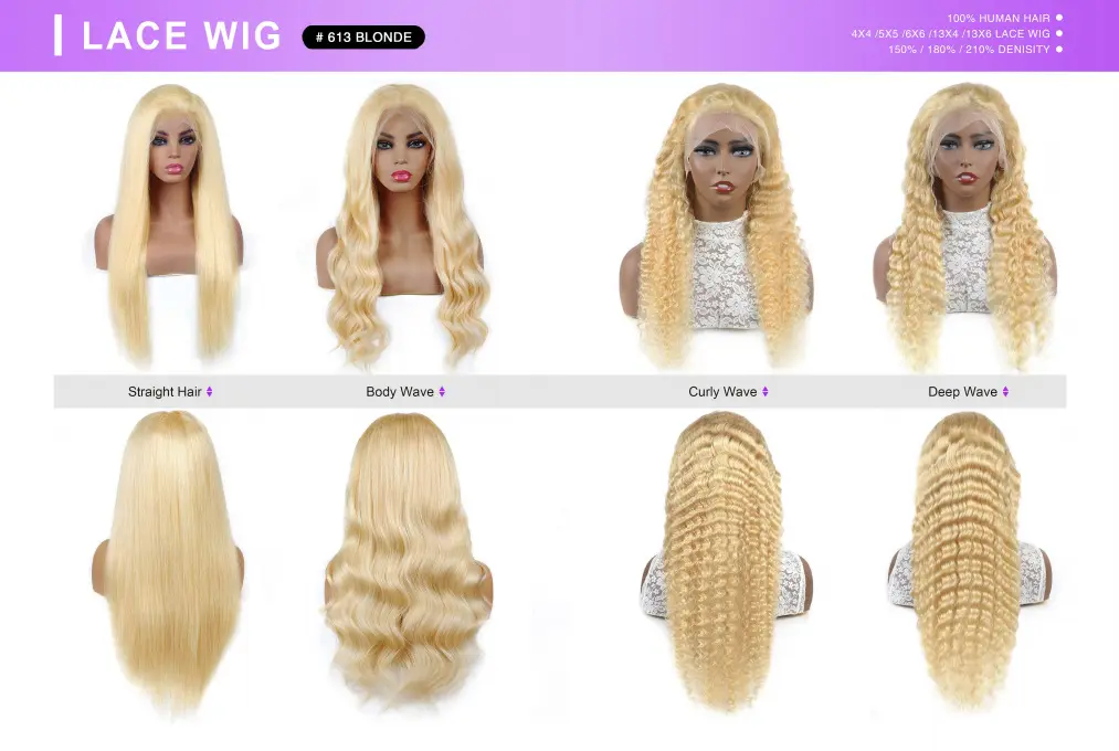 #613 blonde lace wig styles chart, straight, body wave, curly wave, deep wave blonde wigs, synthetic & human hair options, 4x4/5x5/13x4 lace wigs