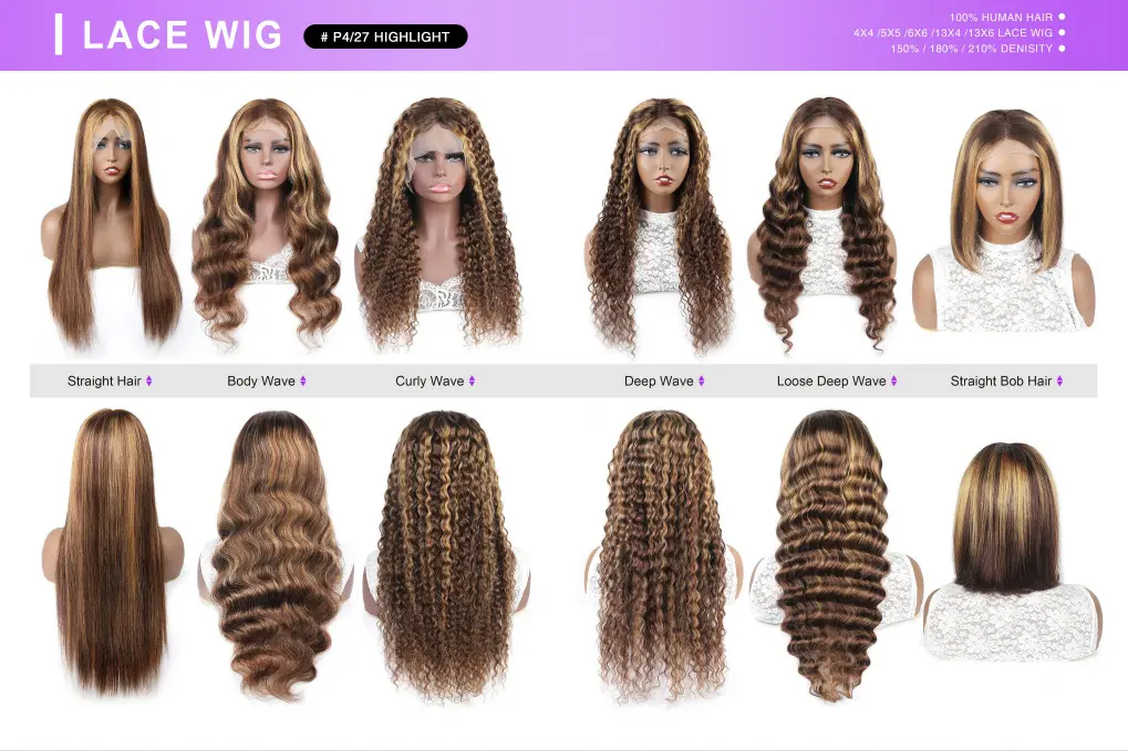 Dejun Hair factory wholesale P4/27 highlight lace wigs, synthetic & human hair mix, straight, wavy, curly textures, 150%/180%/210% density for bulk order 