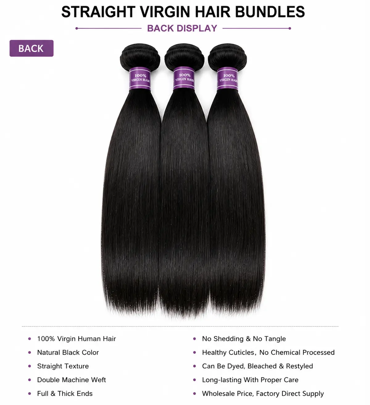 Wholesale Straight Virgin Hair Bundles Back View - Natural Black Virgin Hair Bundles with Healthy Cuticles
