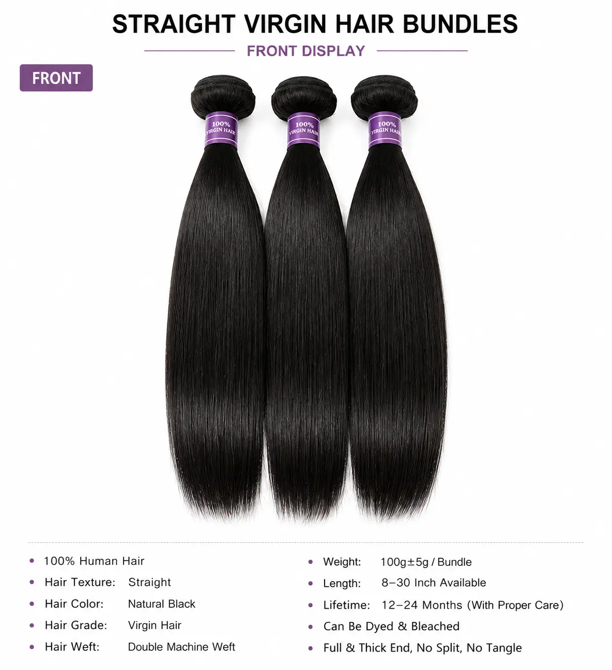 Wholesale Straight Virgin Hair Bundles Front View - 100% Human Hair Double Machine Weft Natural Black
