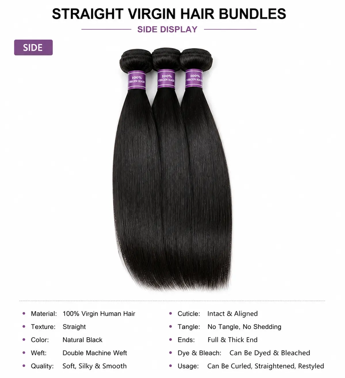 Wholesale Straight Virgin Hair Bundles Side View - Silky Straight Human Hair Bundles with Full Thickness