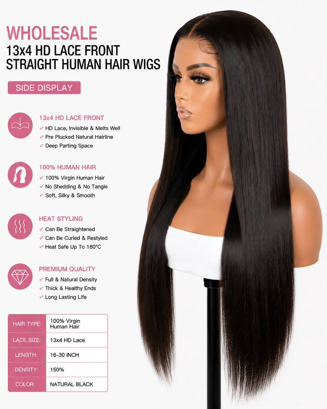 Wholesale 13x4 HD Lace Front Straight Human Hair Wig Side View - Silky Straight HD Lace Wigs with Natural Density and Soft Texture