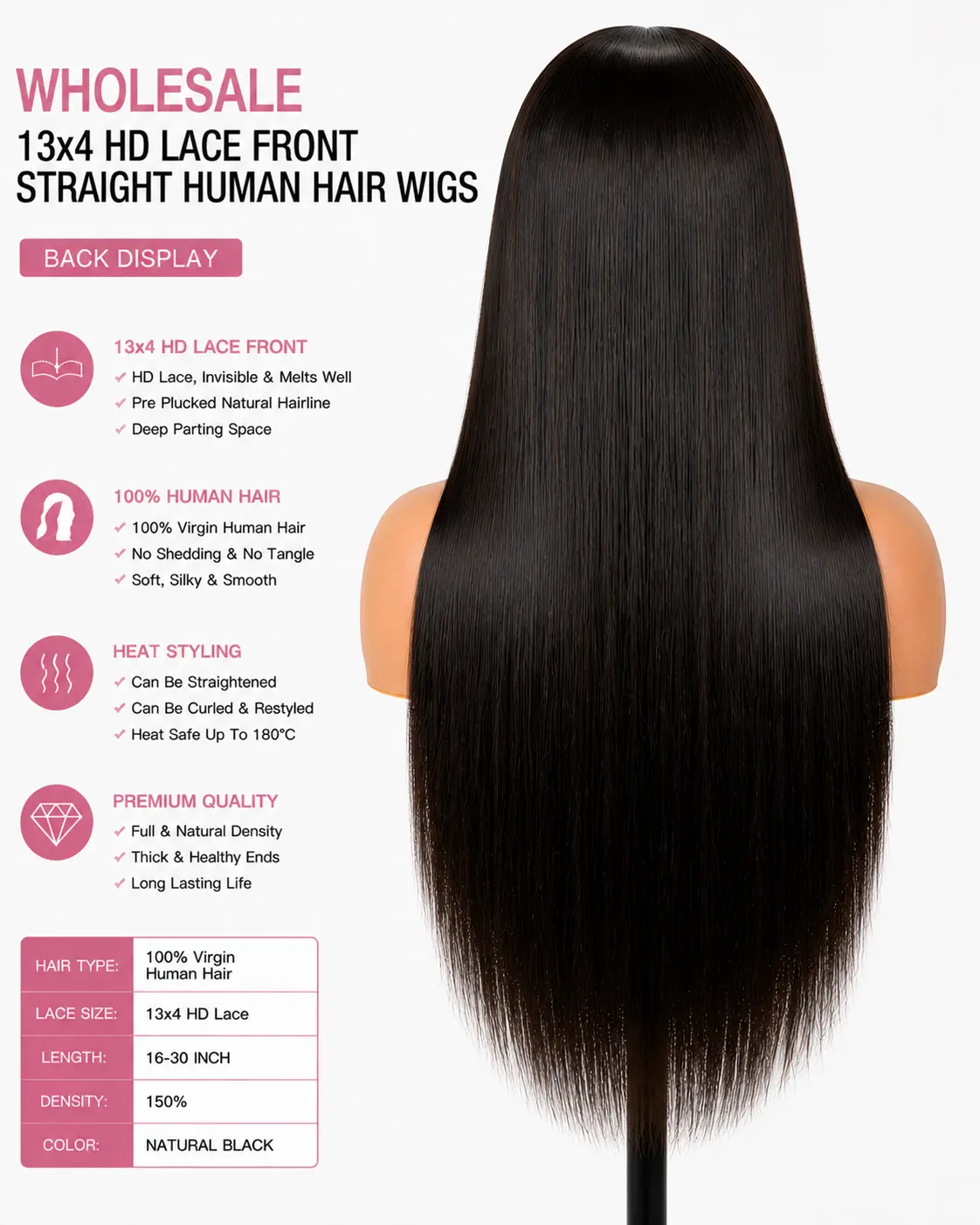 Wholesale 13x4 HD Lace Front Straight Human Hair Wigs Back View - Full Length Straight Virgin Human Hair Wig with Healthy Ends and Natural Flow