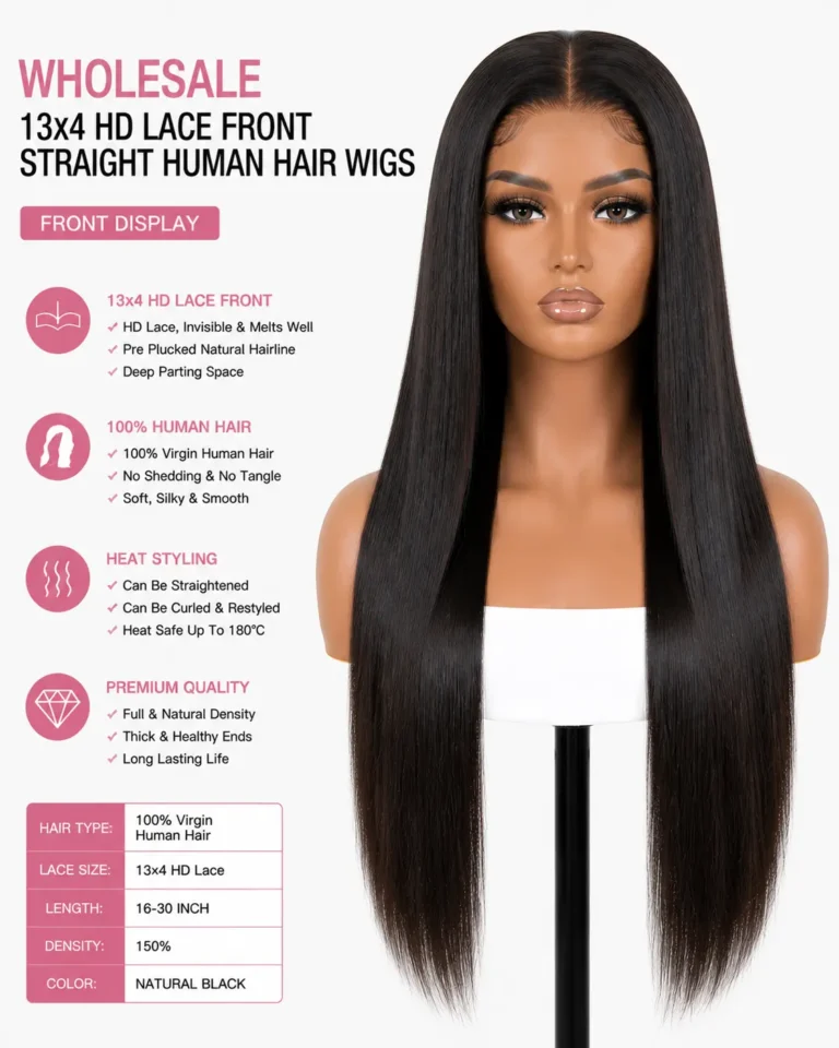 Wholesale 13×4 HD Lace Front Straight Human Hair Wigs Front View - Natural Hairline Pre Plucked Virgin Human Hair Wig