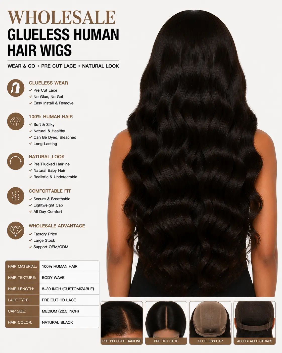 Wholesale Glueless Human Hair Wigs Back View - Full Length Human Hair Wig with Smooth Waves, Healthy Ends and Natural Flow