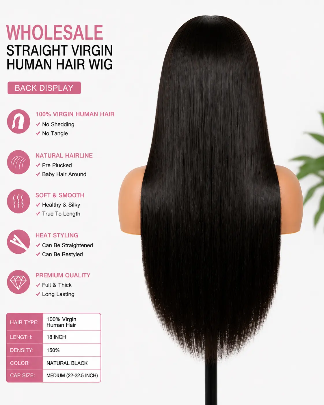 Wholesale Straight Virgin Human Hair Wigs Back View - Full Length Straight Virgin Hair Wig with Natural Flow and Healthy Ends