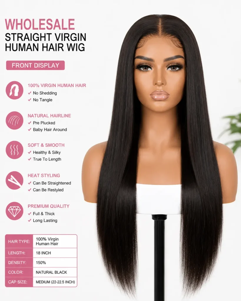Wholesale Straight Virgin Human Hair Wigs Front View - 100% Virgin Hair Straight Wig with Natural Hairline and Middle Part