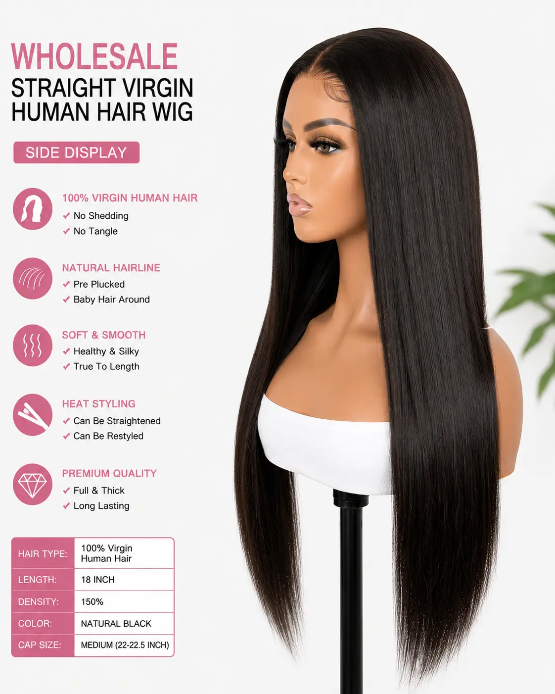 Wholesale Straight Virgin Human Hair Wigs Side View - Long Silky Straight Human Hair Wigs with Natural Density and Smooth Texture