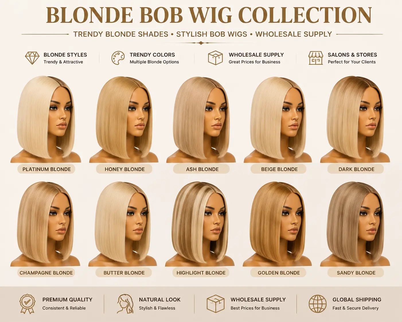 Blonde bob wig styles with trendy colors for western beauty markets and salons