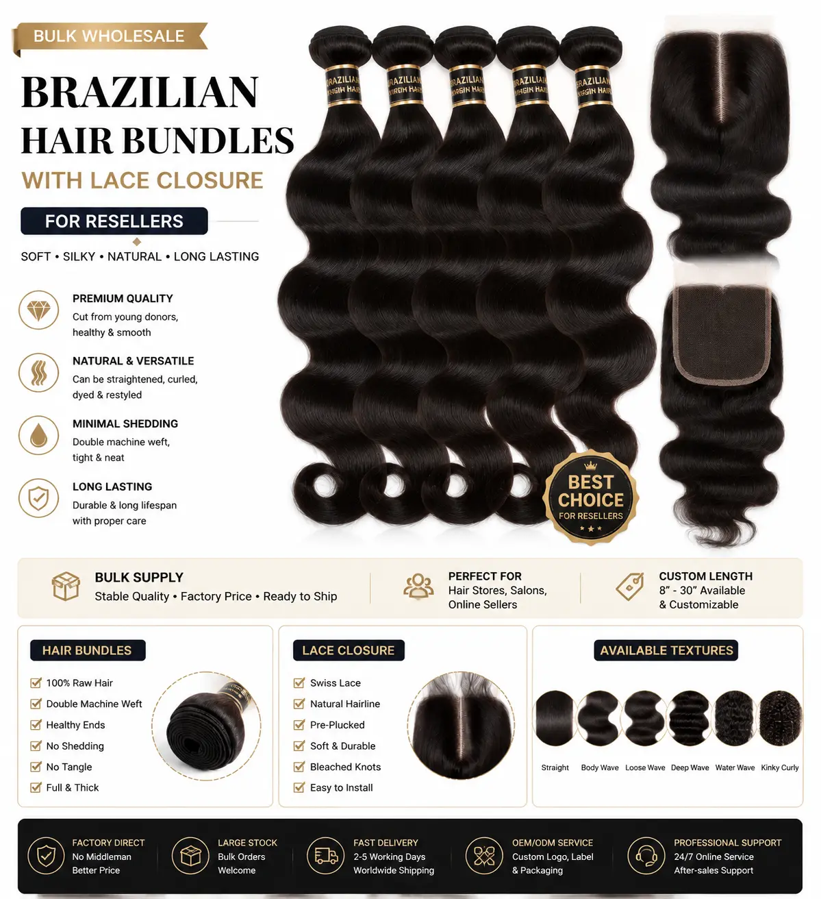 Bulk Brazilian hair bundles with lace closure for resellers and wholesale hair suppliers