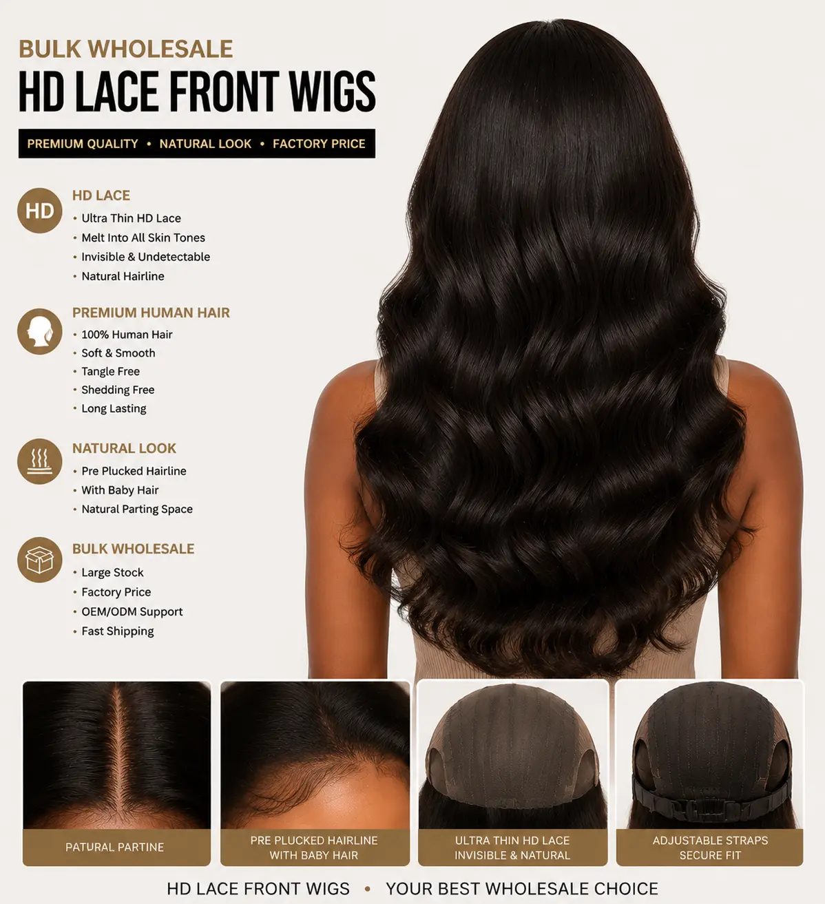 Bulk HD Lace Front Wigs Wholesale Back View - Full Coverage HD Lace Wig with Natural Flow, Healthy Ends and Adjustable Secure Cap