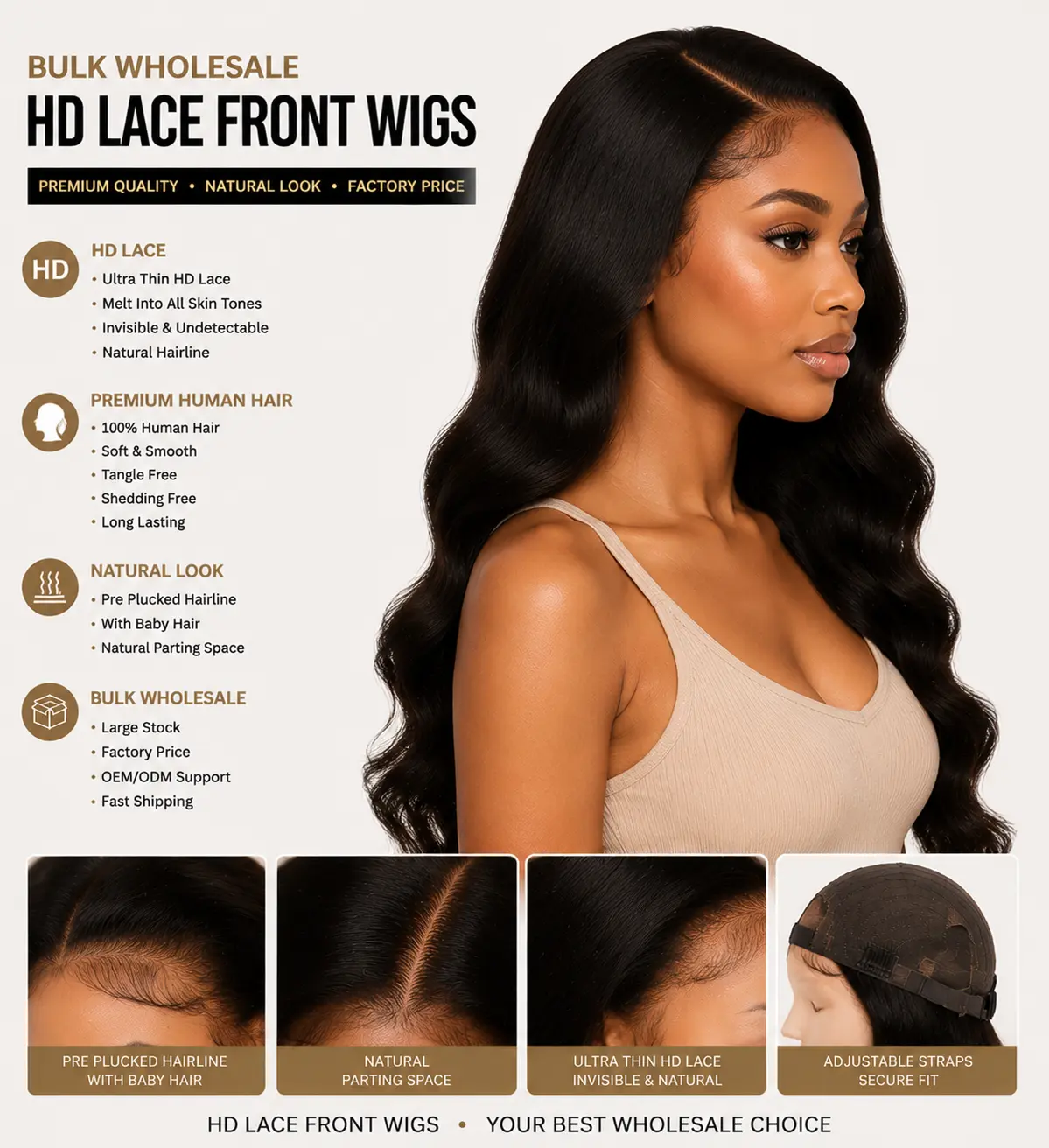 Bulk HD Lace Front Wigs Wholesale Side View - HD Lace Front Human Hair Wig with Invisible Lace, Natural Density and Smooth Body Wave Texture