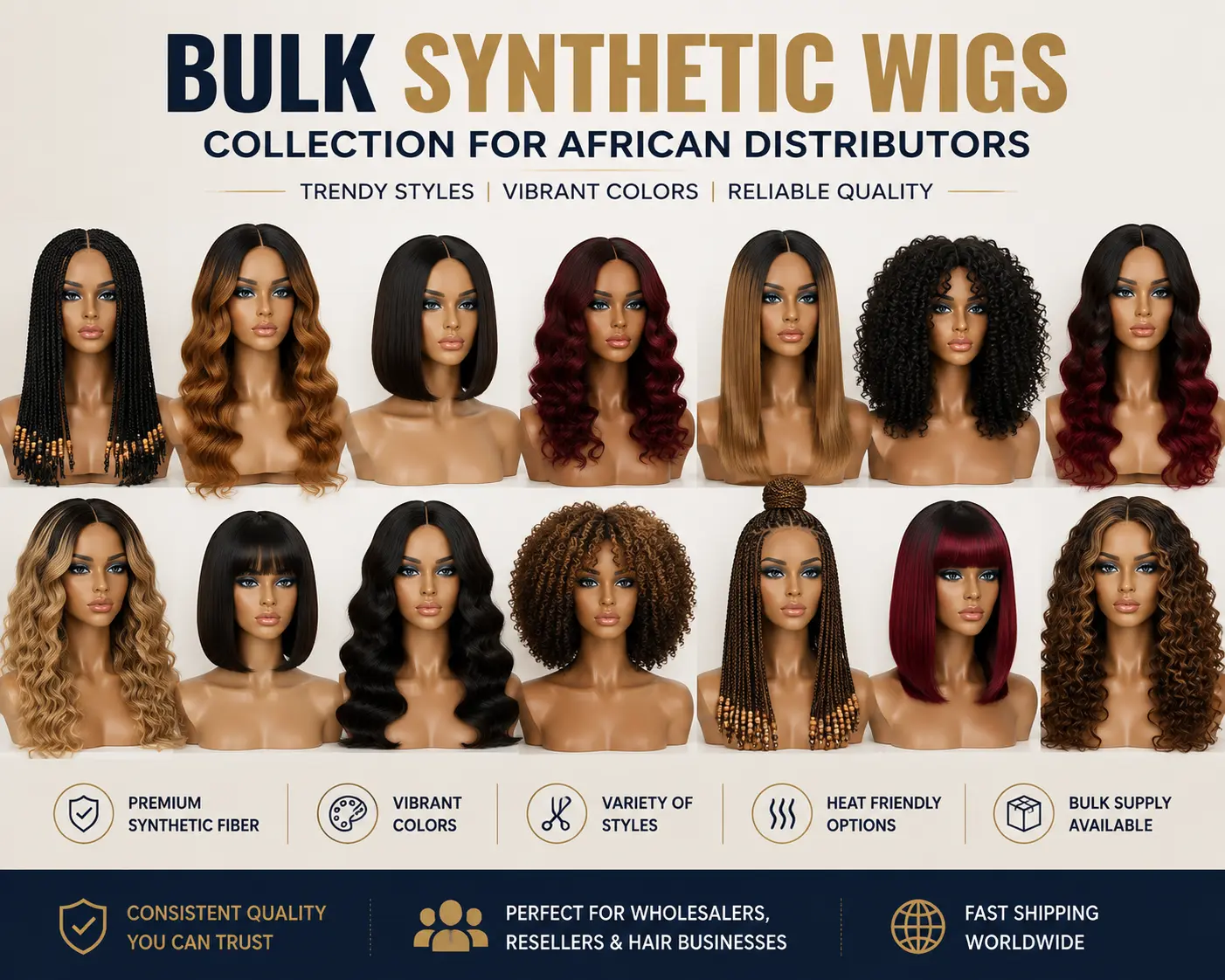 Bulk synthetic wigs collection for African distributors with various styles and colors