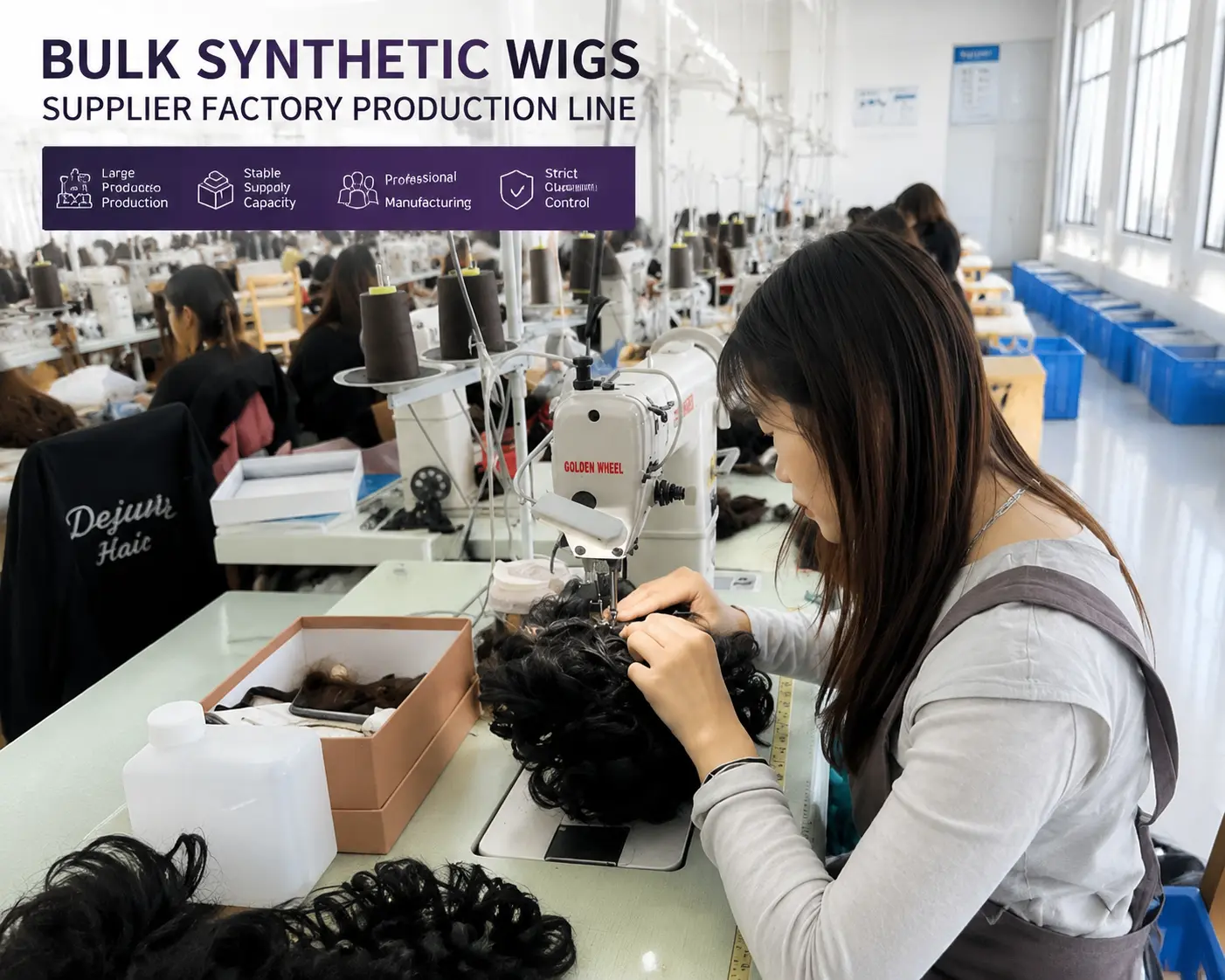 Bulk synthetic wigs supplier factory production line for wholesale wig orders and global distributors