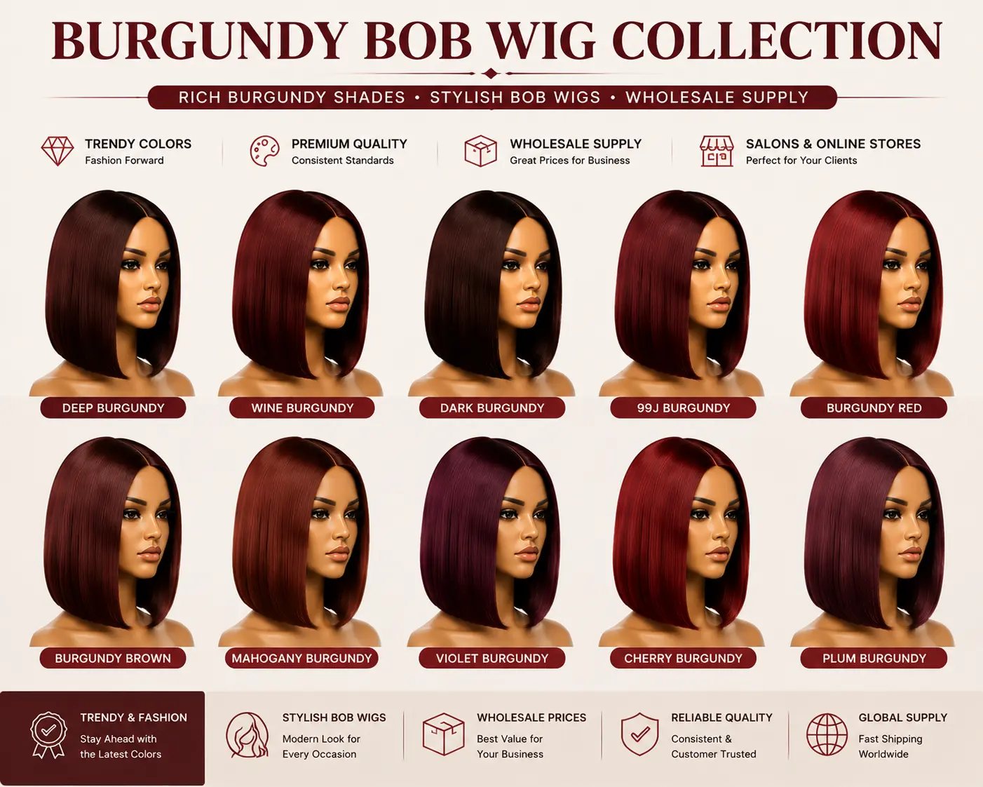 Burgundy red bob wigs with fashionable colors for wholesale beauty suppliers