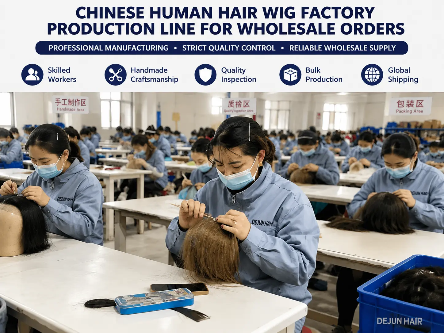 Chinese human hair wig factory production line for wholesale orders