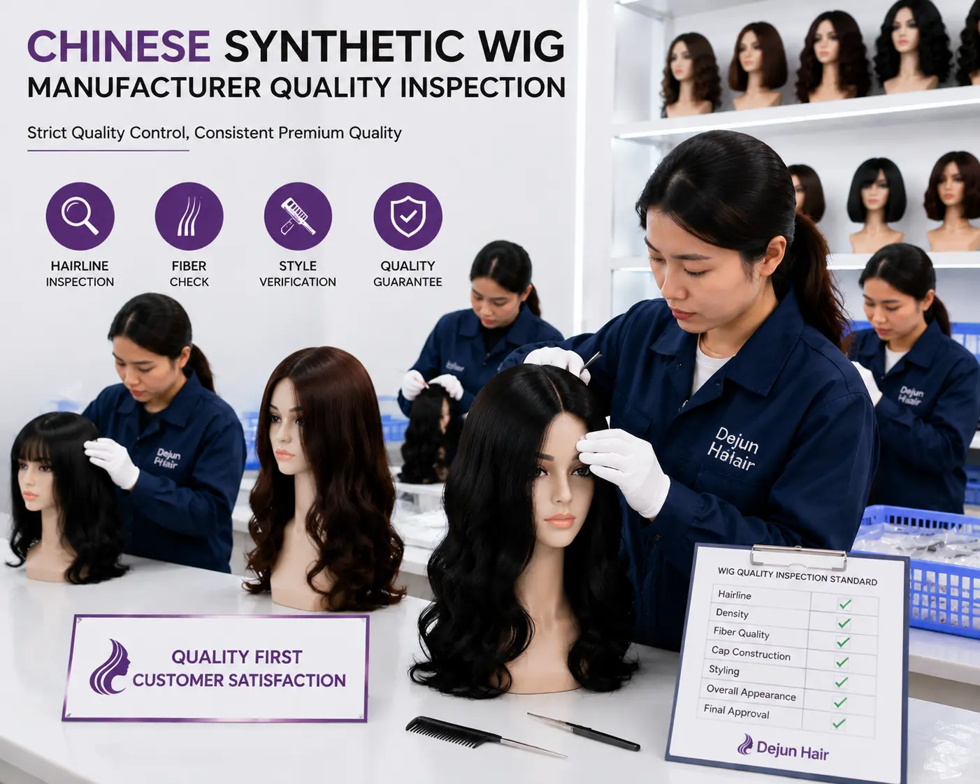 Chinese synthetic wig manufacturer Dejun Hair quality inspection process for wholesale wig production