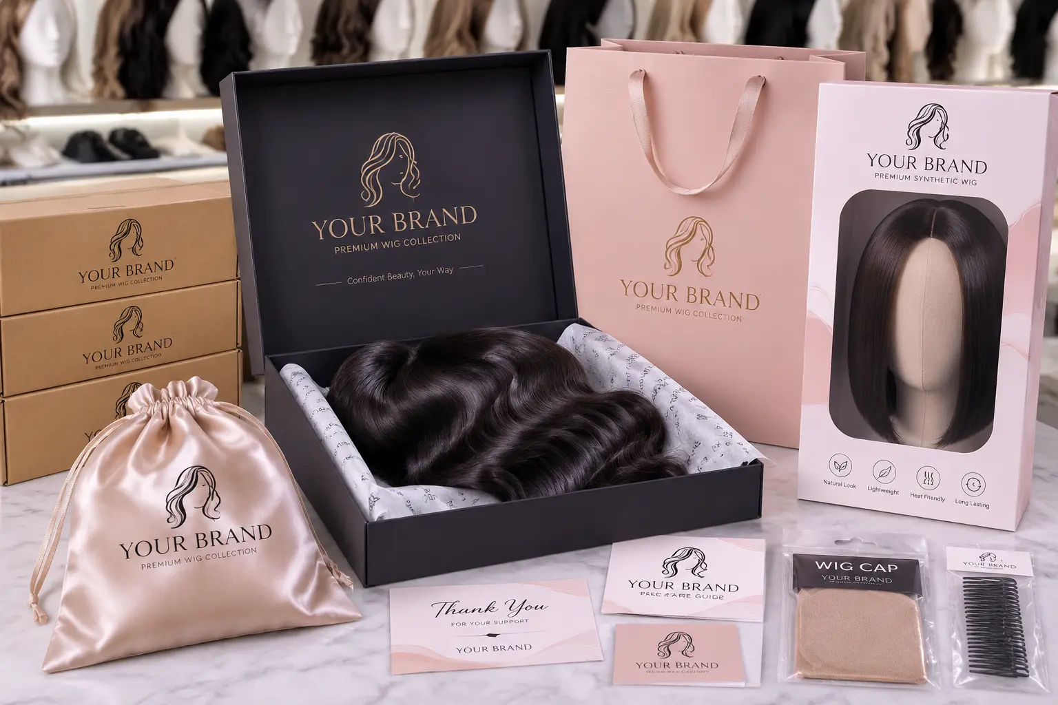 Custom branded synthetic wigs packaging for global wig brands