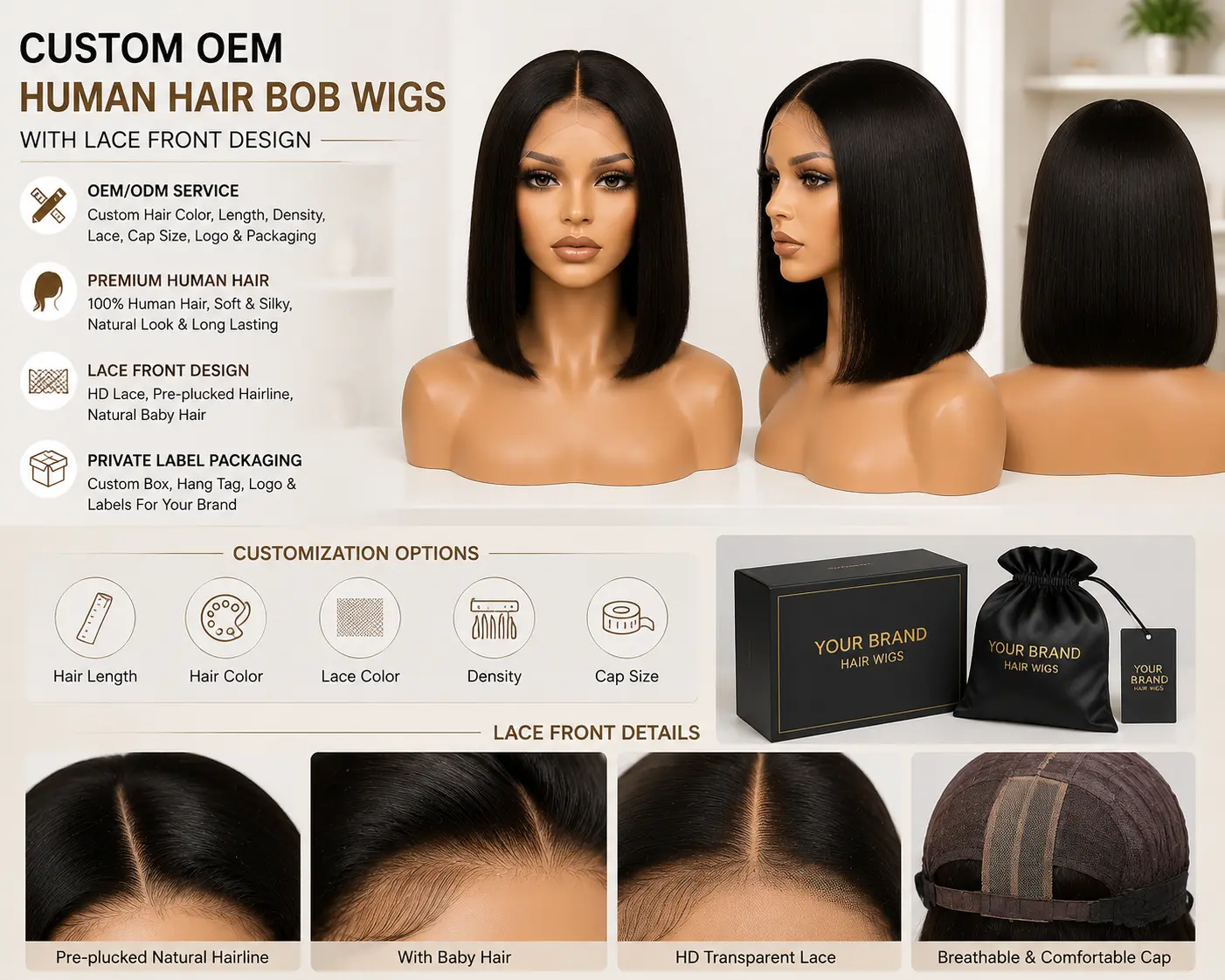 Custom OEM human hair bob wigs with lace front design