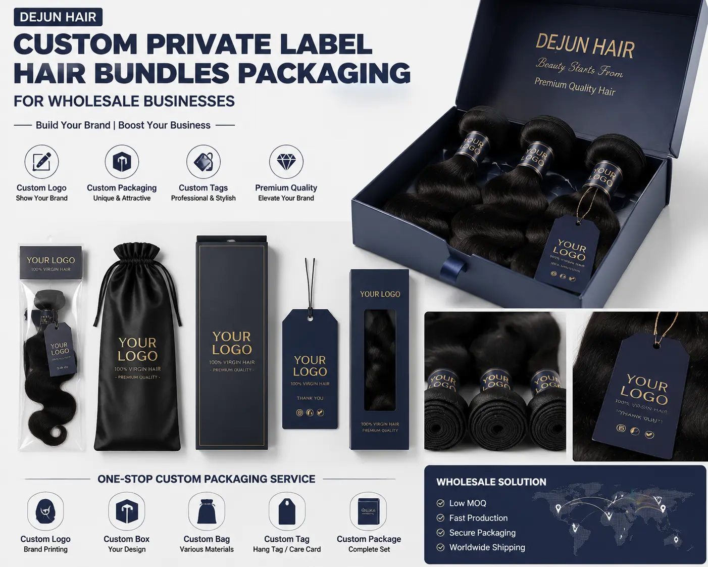 Custom private label human hair bundles packaging service for wholesale businesses and hair brands