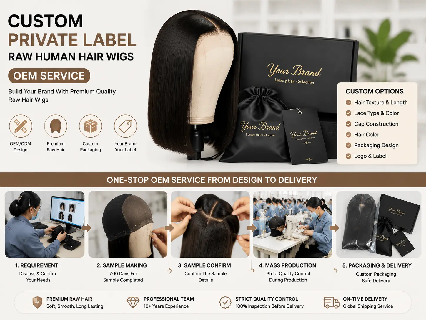 Custom private label raw human hair wigs OEM service