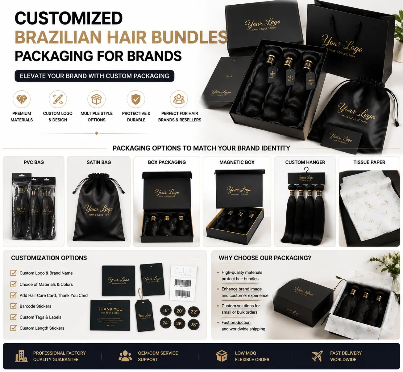 Customized Brazilian hair bundles packaging service for brands and private label businesses