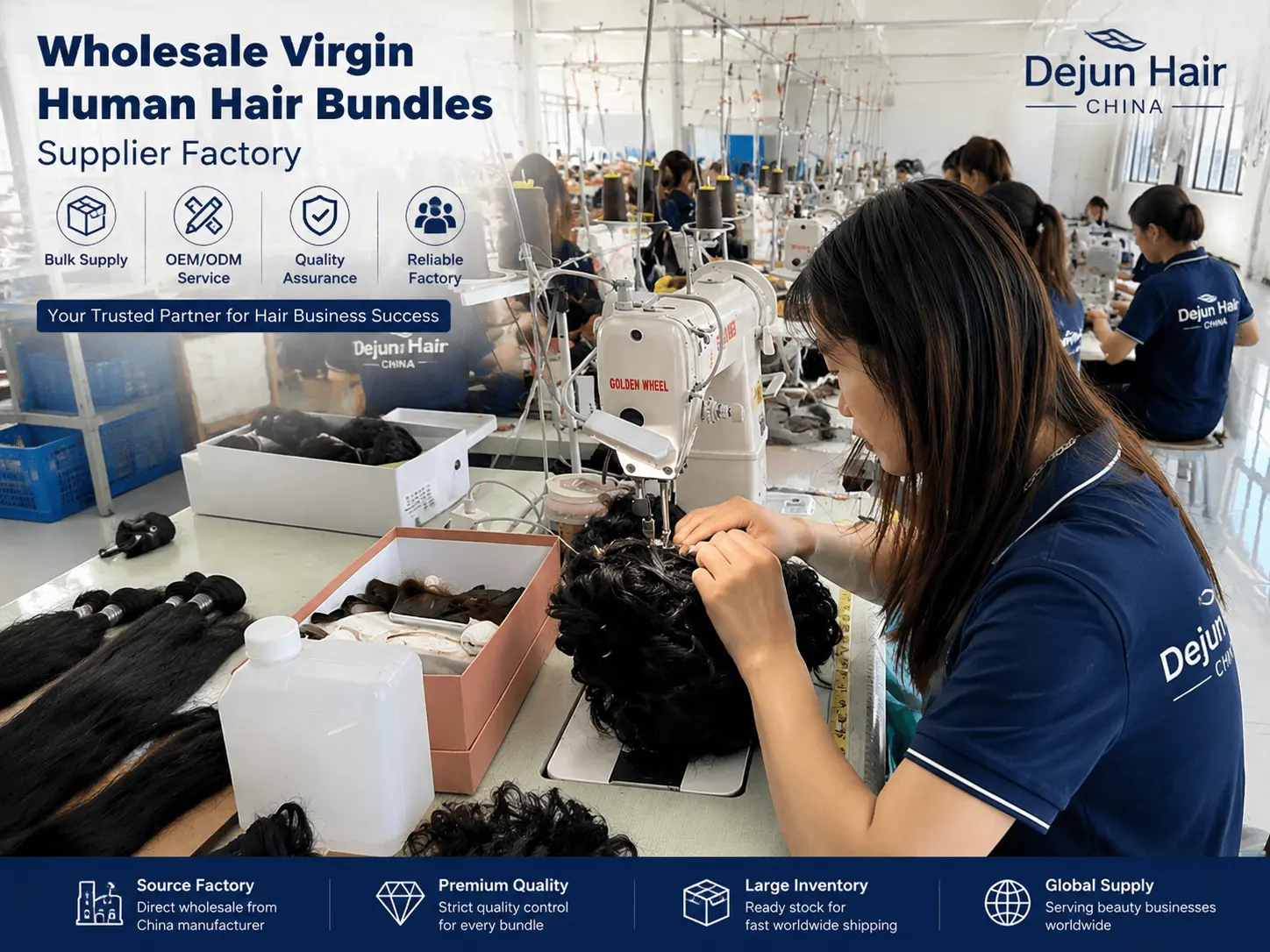 Dejun Hair factory producing premium virgin human hair bundles with professional manufacturing process