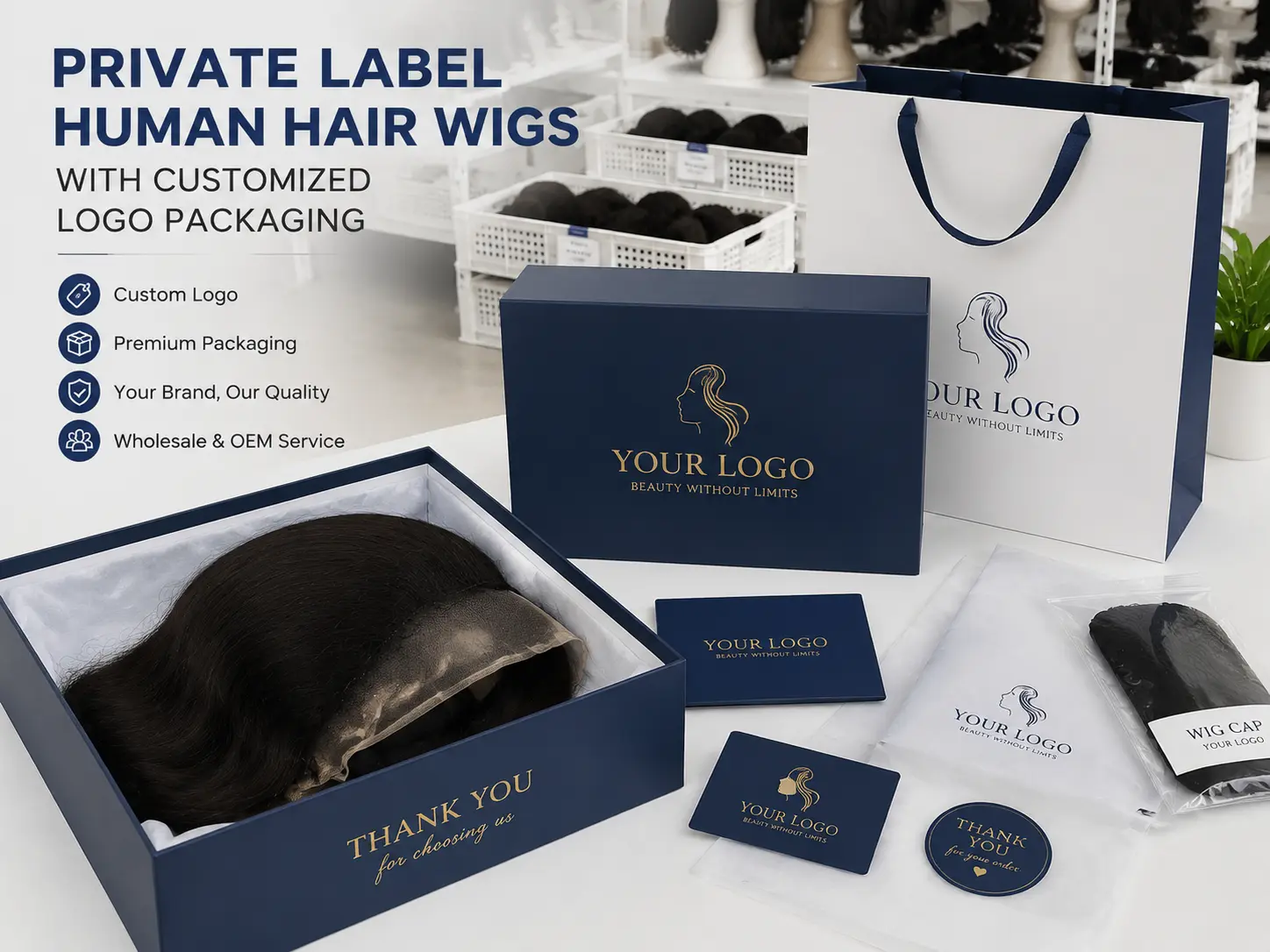 Private label wigs with custom packaging from Dejun Hair manufacturer