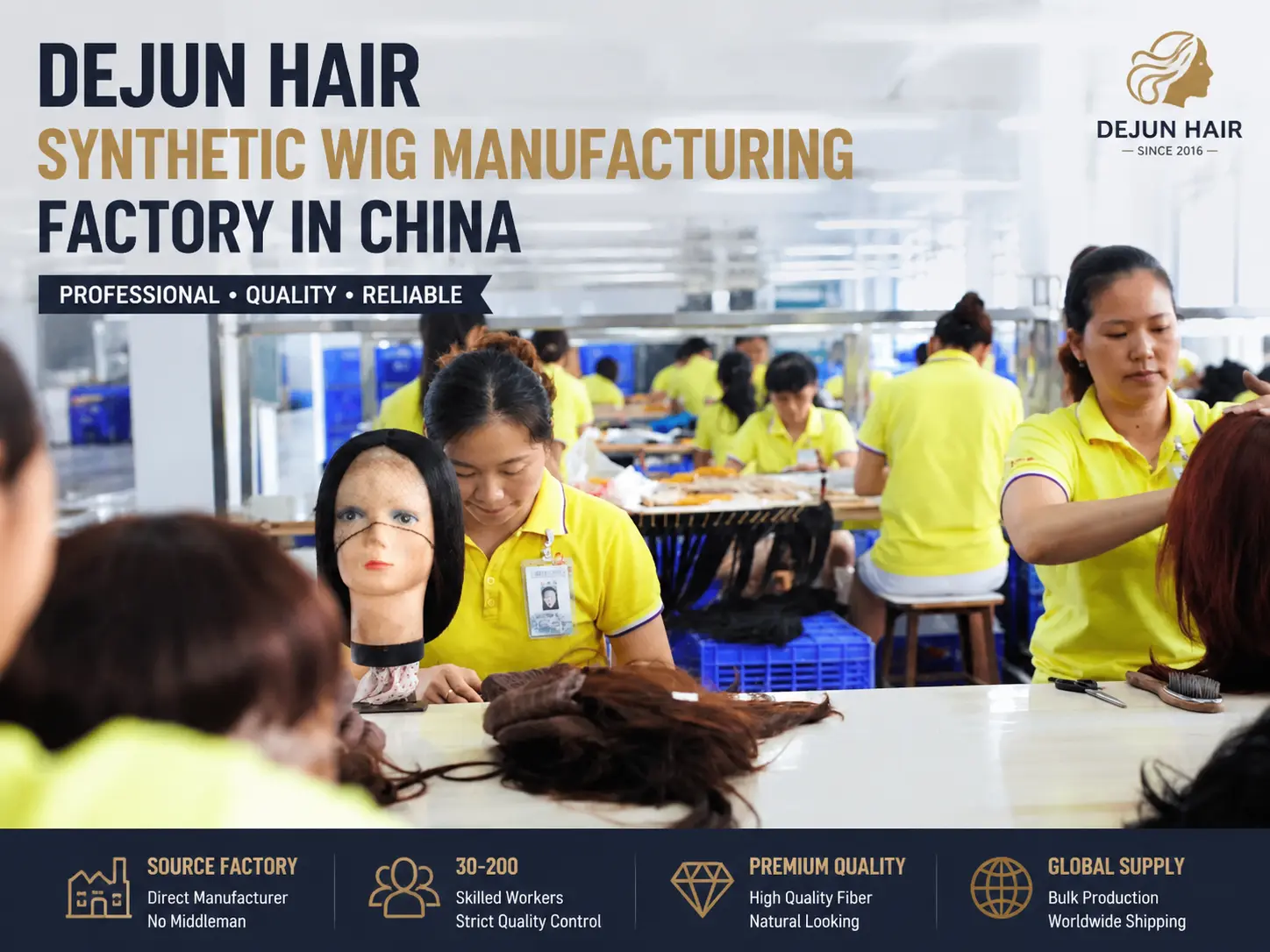 Dejun Hair synthetic wig manufacturing factory in China producing quality wigs for global buyers