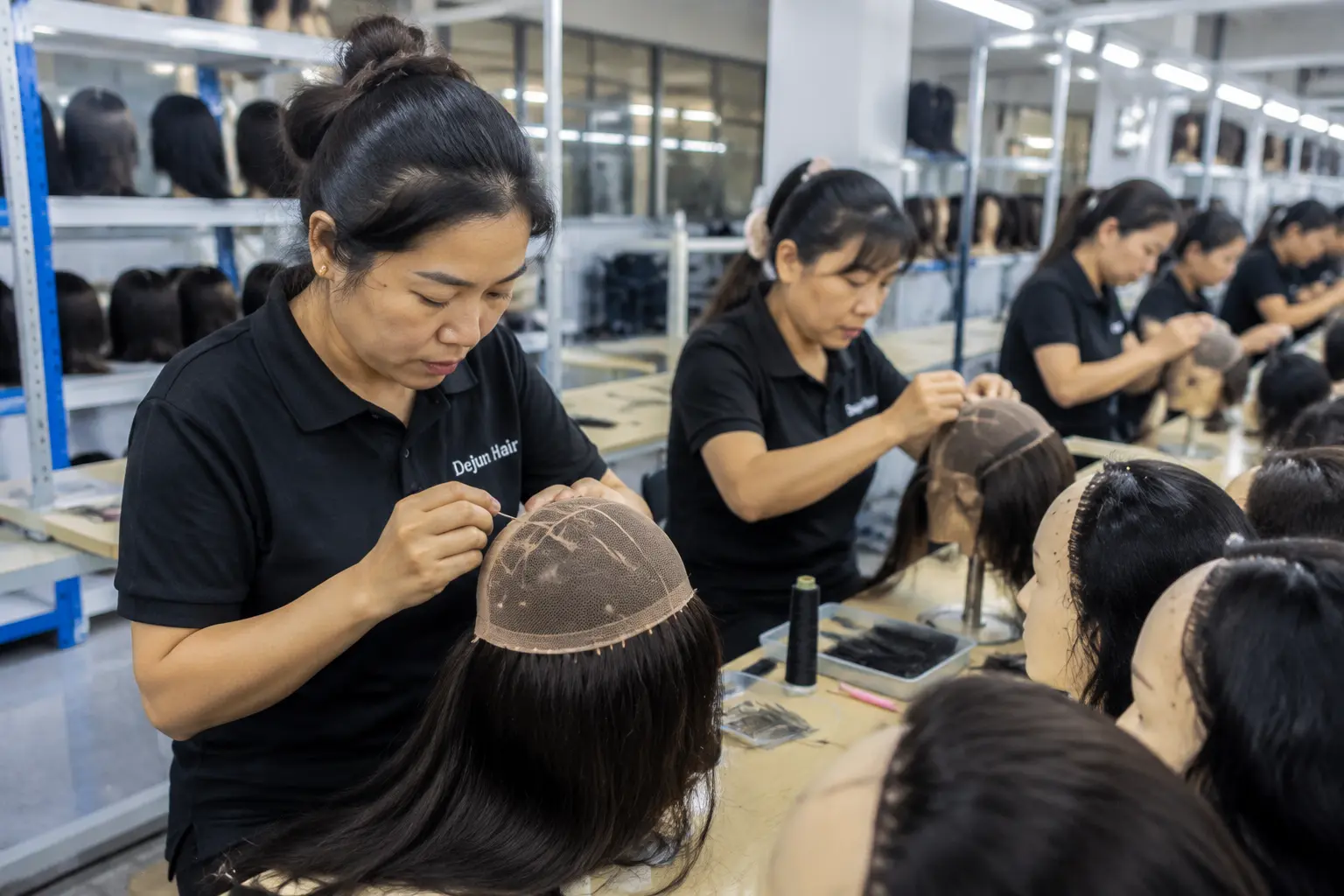 Workers making handmade full lace wigs in professional wig factory