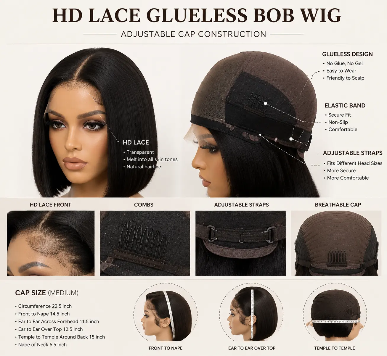 HD lace glueless bob wig adjustable cap construction