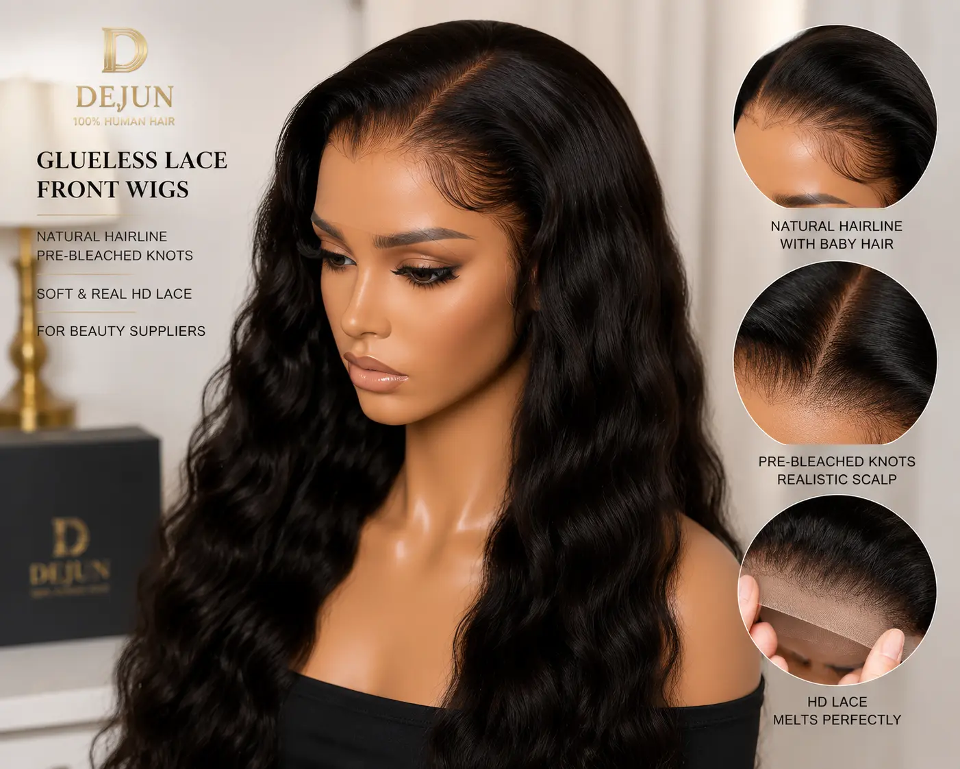 Human hair glueless lace front wigs with natural hairline for beauty suppliers