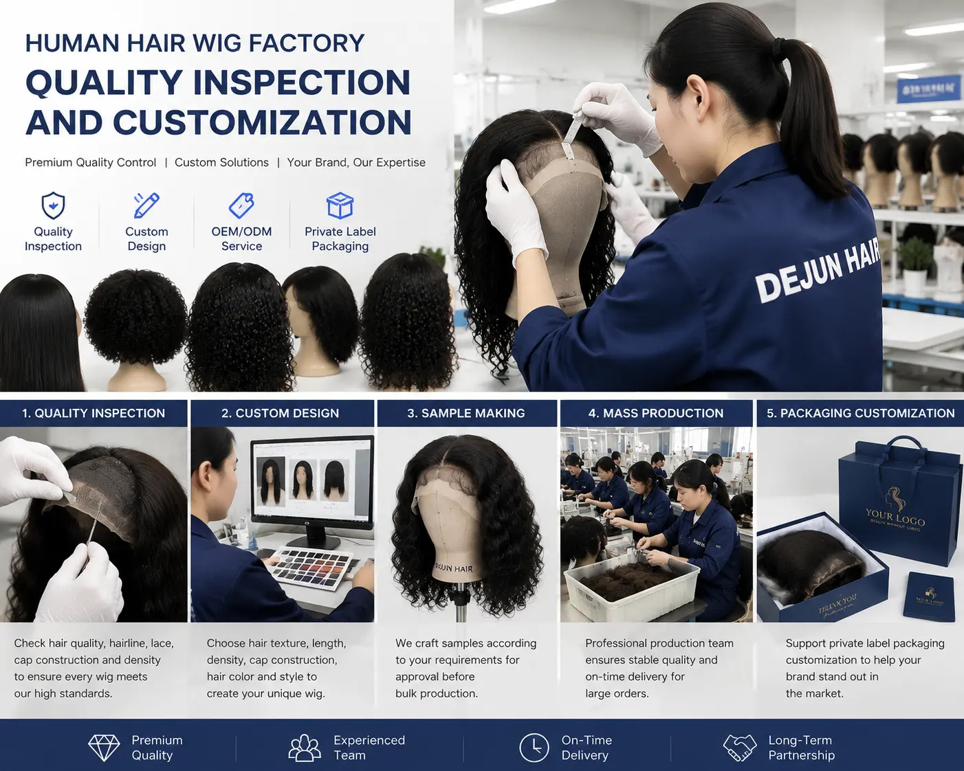 Wig quality inspection and customization process at Dejun Hair factory