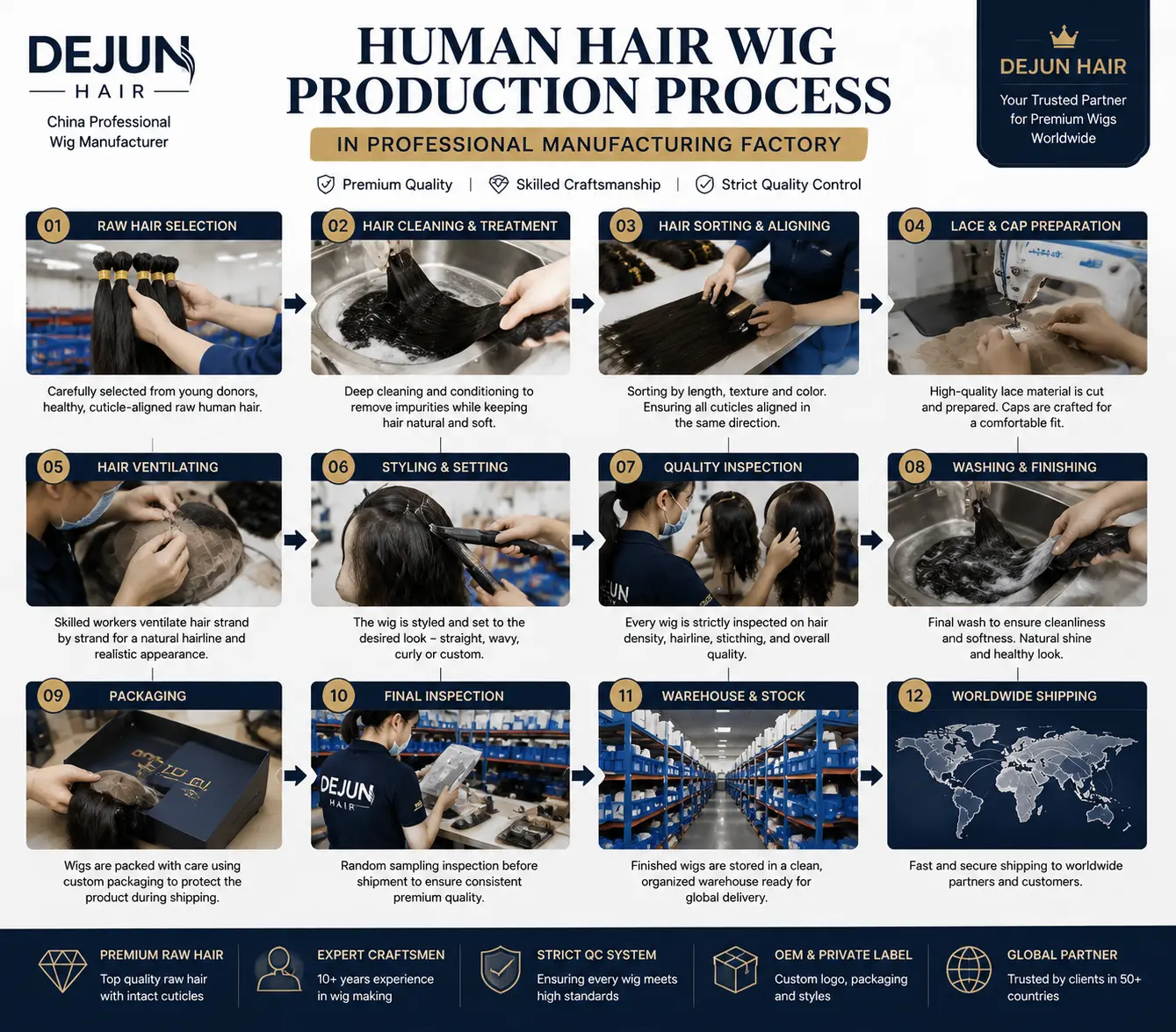Human hair wig production process in professional manufacturing factory with quality control