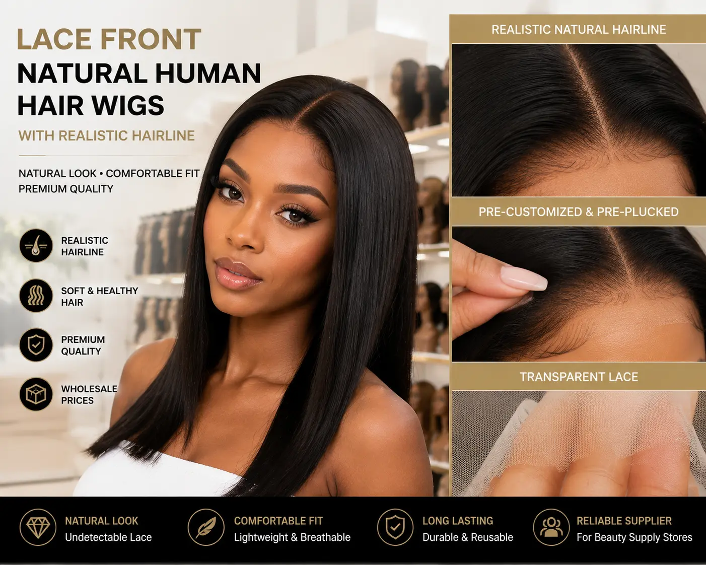 Lace front natural human hair wigs with realistic hairline