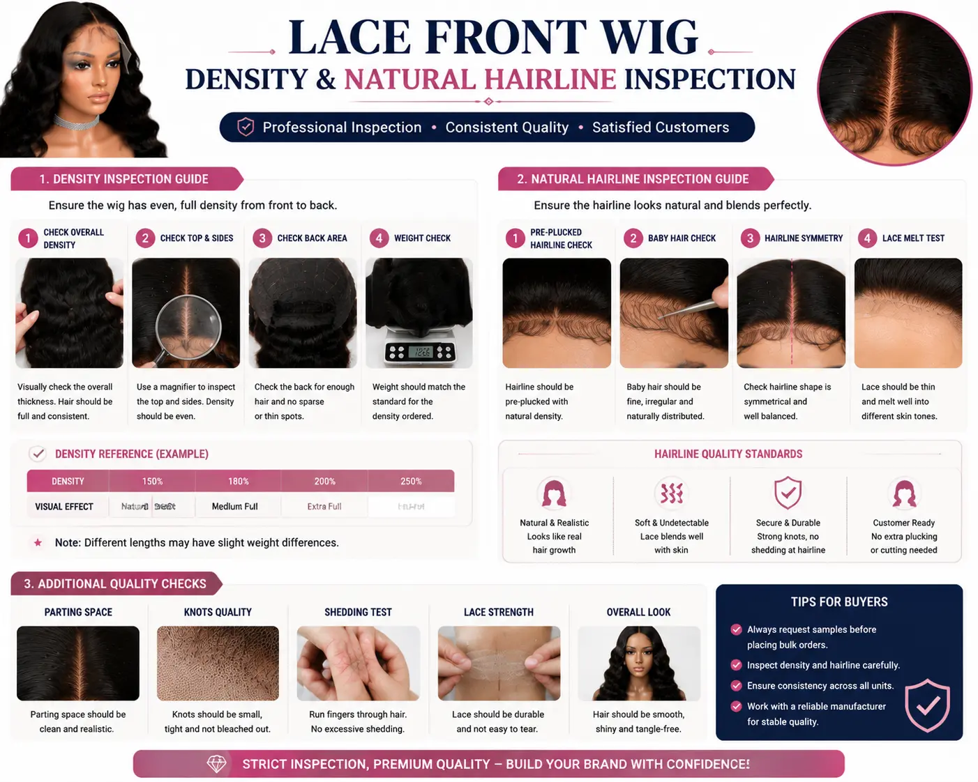 Lace front wig density and natural hairline inspection for quality control