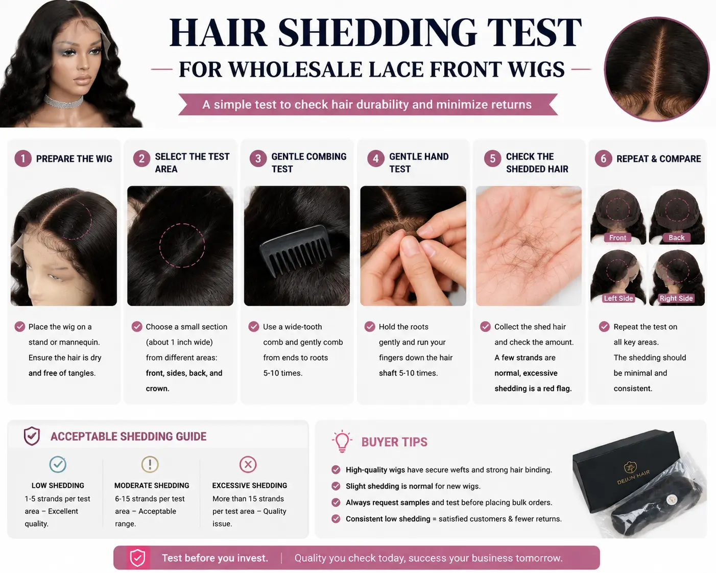 Lace front wig hair shedding test for wholesale quality inspection