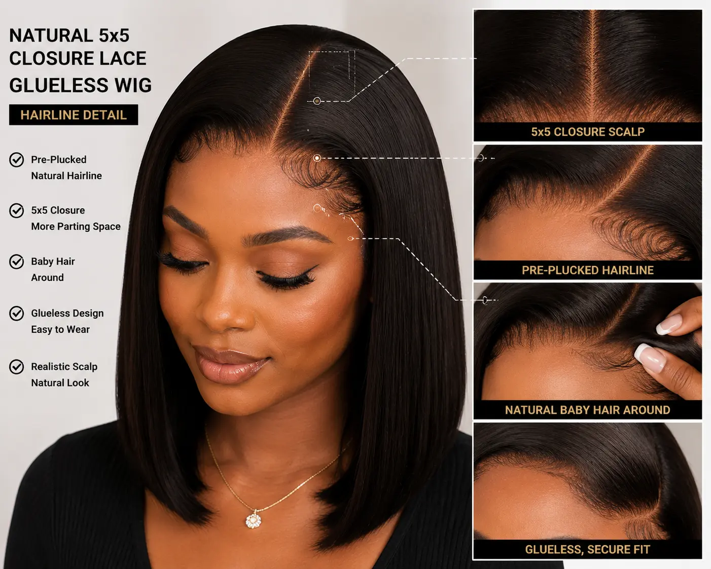 Natural 5x5 closure lace glueless wig hairline detail with realistic scalp and comfortable fit