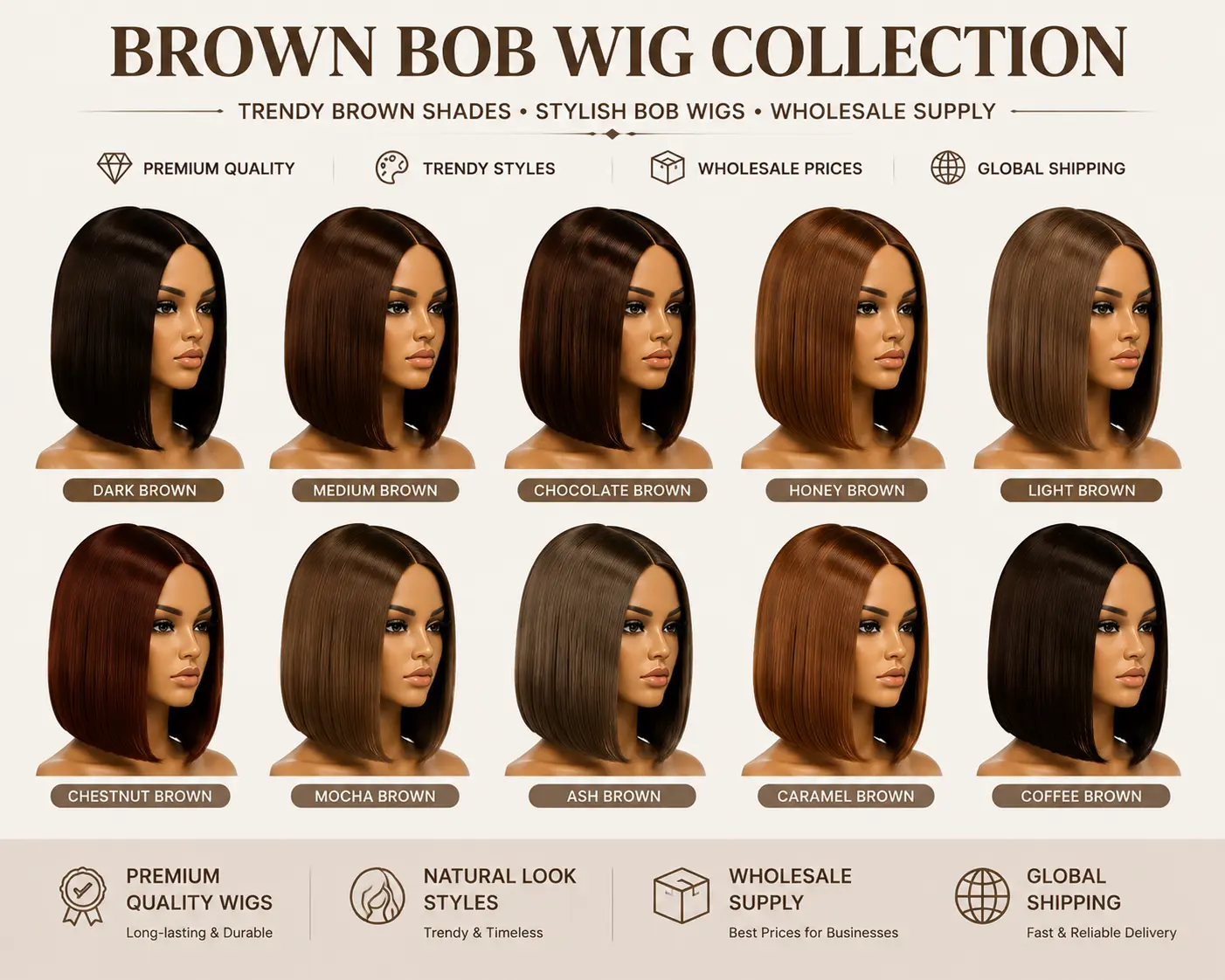 Natural brown bob wig collection with trendy shades for salons and online retailers