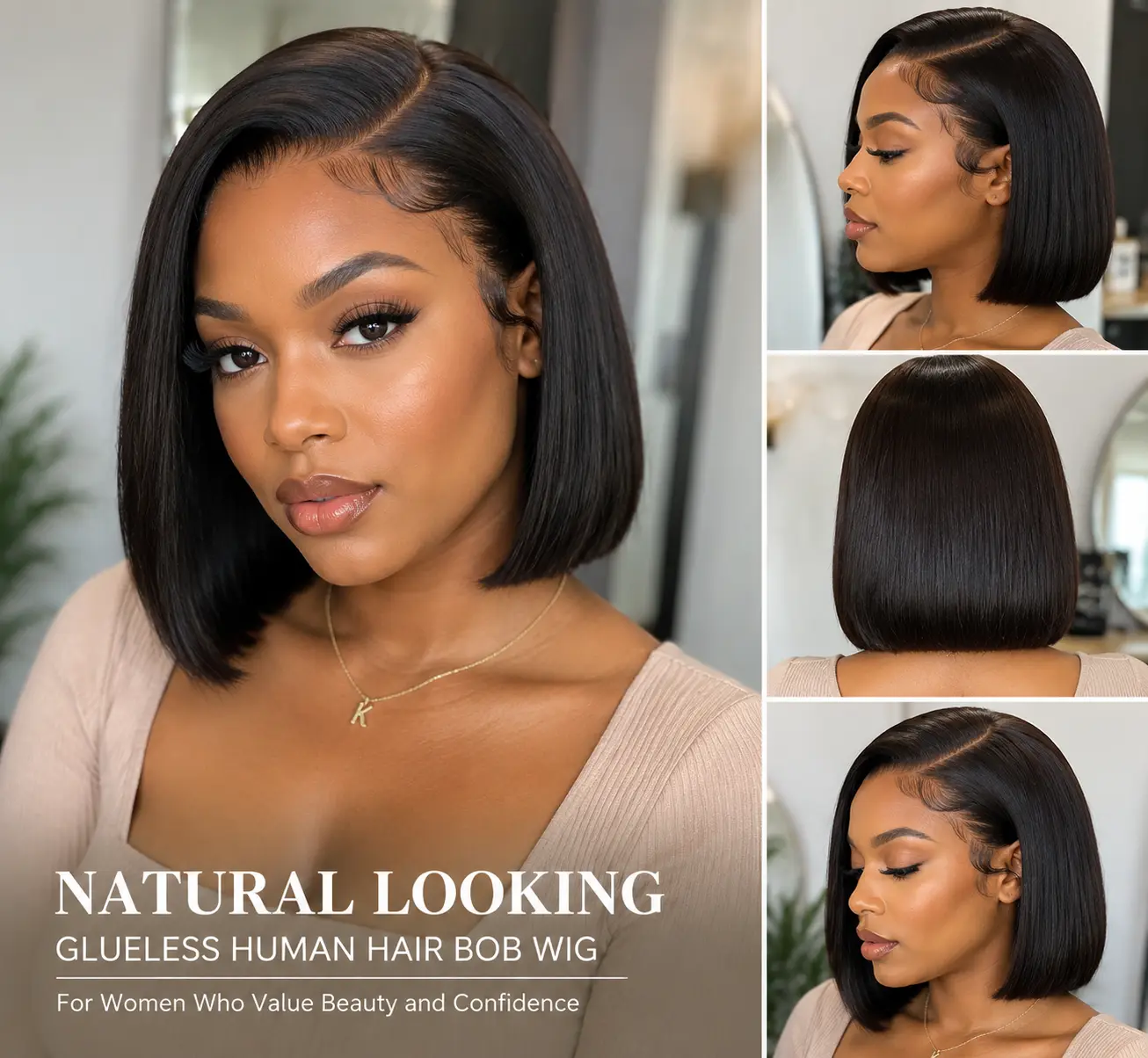 natural looking glueless human hair bob wig for women