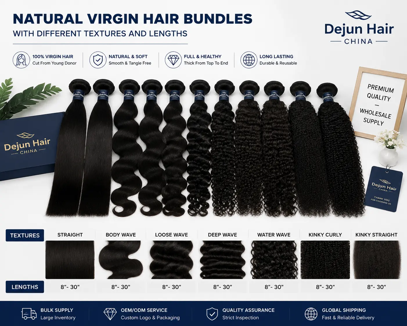 Natural virgin human hair bundles with different textures and lengths for wholesale buyers