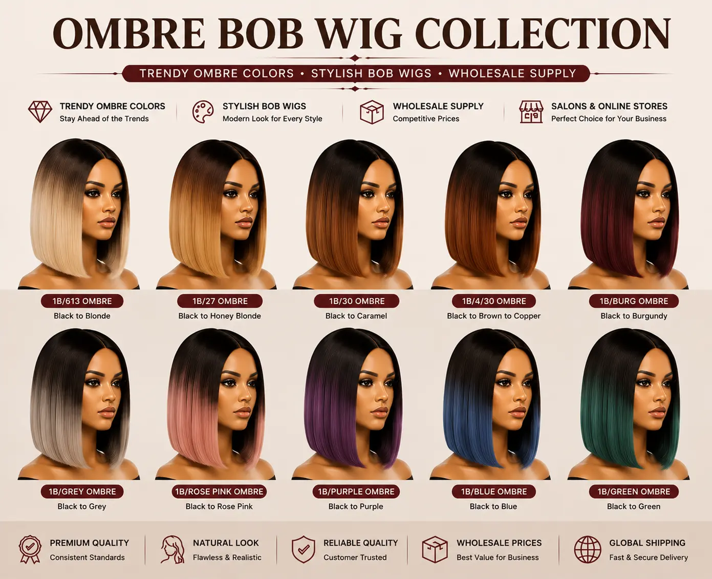 Ombre colored lace front bob wigs supplier offering trendy styles for global retailers