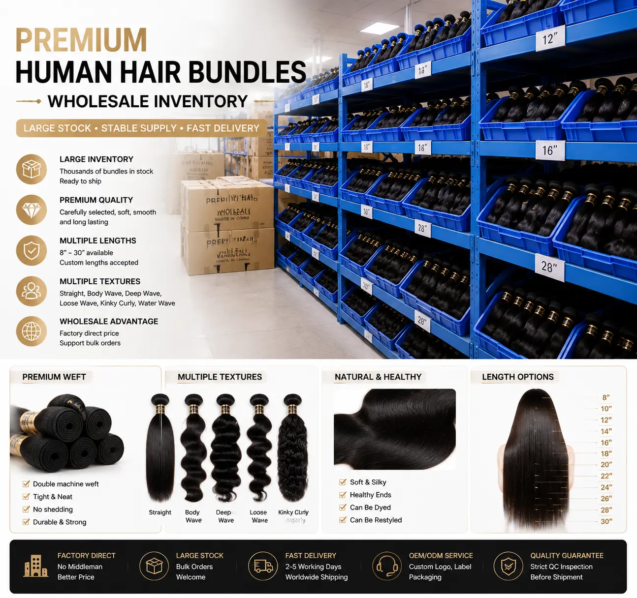 Premium human hair bundles wholesale inventory with bulk supply and factory direct service